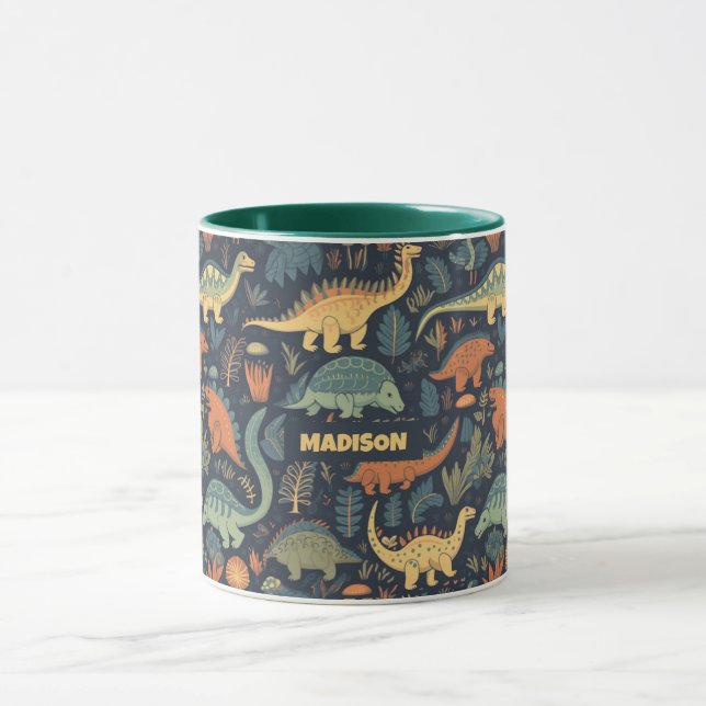 Caneca Padrão de Dinossauro de Nome Personalizado (Centro)