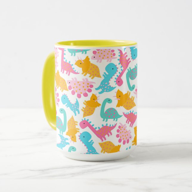 Caneca Padrão de Dinossauro Rosa e Teal Divertido (Frente Esquerda)