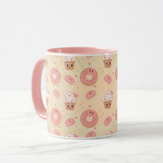 Caneca Padrão de Donuts e Cupcakes Rosa Retrô