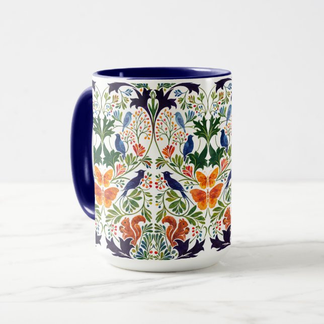 Caneca Padrão de Esquilos Pássaros e Borboletas (Frente Esquerda)