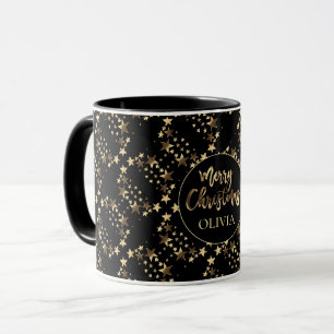 Caneca Padrão de Estrelas Douradas Negras Adicionar Nome