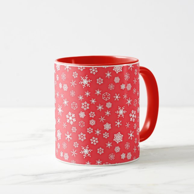 Caneca Padrão de Flocos de Neve no Fundo Vermelho (Frente Esquerda)