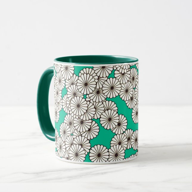 Caneca Padrão de flor Art Deco - branco no turquesa (Frente Esquerda)
