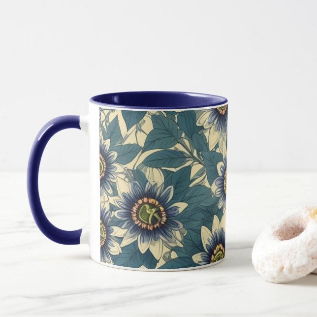 Caneca Padrão de Flor Azul Paixão (Com Donut)