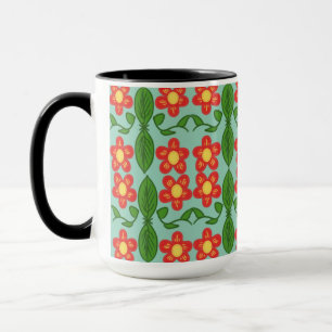 Caneca Padrão de Flor e Folha de Arte Popular Vermelha Pe