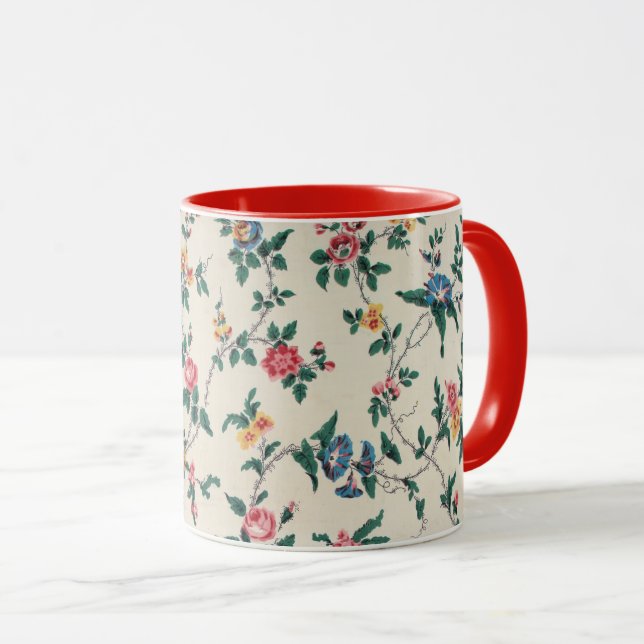 Caneca Padrão de flor multicolorida, acabamento vermelho, (Frente Esquerda)