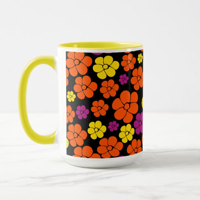 Caneca Padrão de Flor - Preto, Rosa, Laranja e Amarelo (Esquerda)
