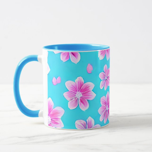Caneca Padrão de Flor Simples Azul e Rosa (Esquerda)