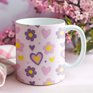 Caneca Padrão de Flores Corações Retrô Rosa, Roxo, Amarel