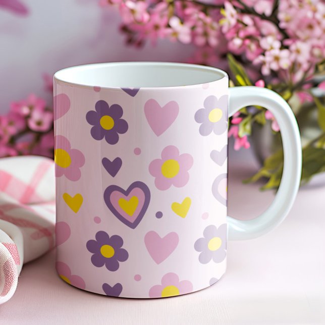 Caneca Padrão de Flores Corações Retrô Rosa, Roxo, Amarel (Criador carregado)