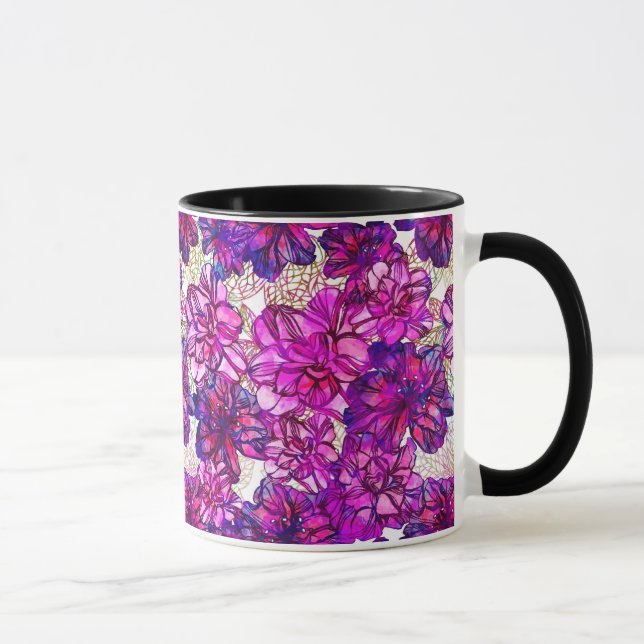 Caneca Padrão De Flores De Abstrato Rosa E Roxo (Direita)