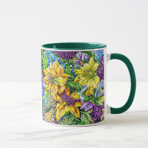 Caneca Padrão de Flores do Jardim Verde Amarelo Lilac