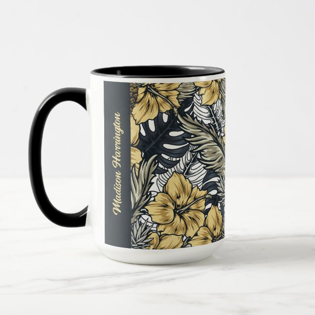 Caneca Padrão de Folhetos Tropicais e Flores de Nome Pers (Esquerda)