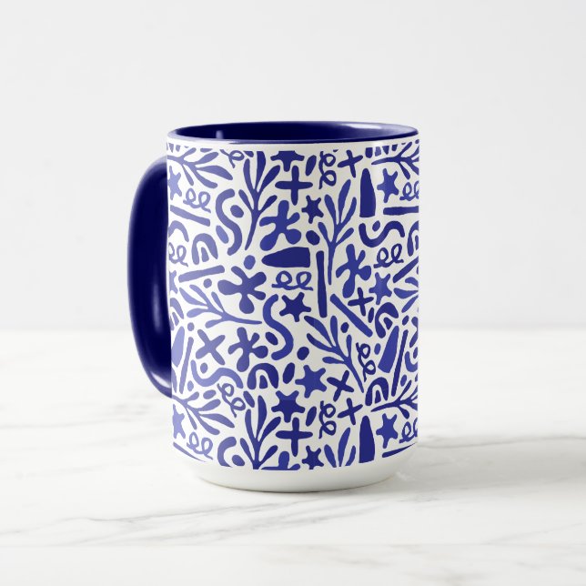 Caneca Padrão de formas azuis (Frente Esquerda)