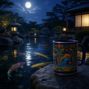 Caneca Padrão de friso de peixes e flores Art Nouveau Koi