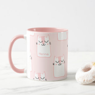Caneca Padrão de Gato Branco e Rosa Bonito Personalizado