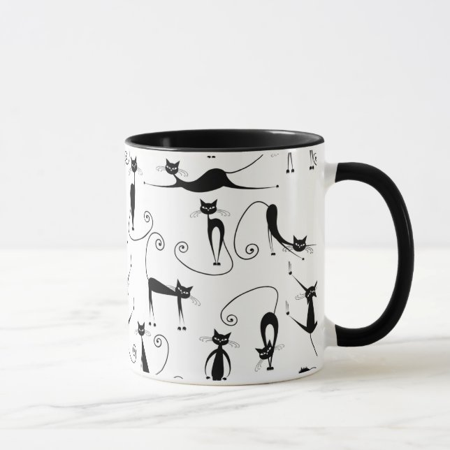 Caneca Padrão de Gato Preto Esbranquiçado Whimsical (Direita)