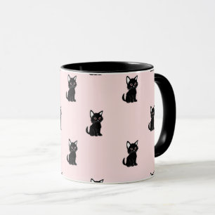 Caneca Padrão de Gato Preto Fofo em Rosa Pastel