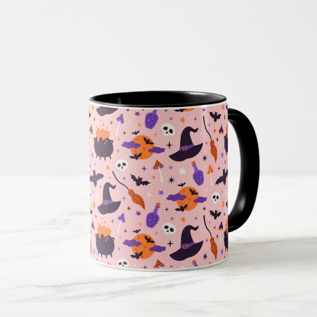 Caneca Padrão de Halloween Púrpura e rosa-claro (Frente Esquerda)