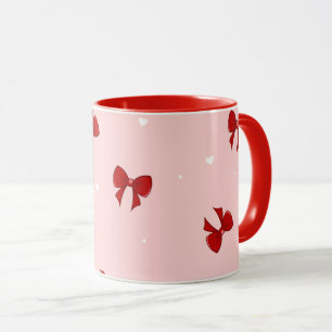 Caneca Padrão de Laço de Fita Vermelha Doce Rosa Pastel