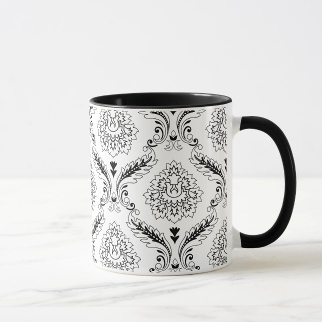 Caneca Padrão de Linha Damasko Rococó Preto no Branco (Direita)
