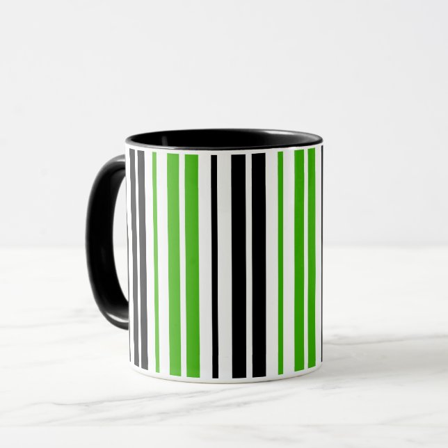 Caneca Padrão de Listras Verde Preto Branco Design  (Frente Esquerda)