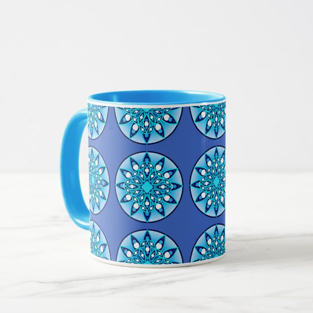 Caneca Padrão de mandala em turquesa, cobalto e branco (Frente Esquerda)