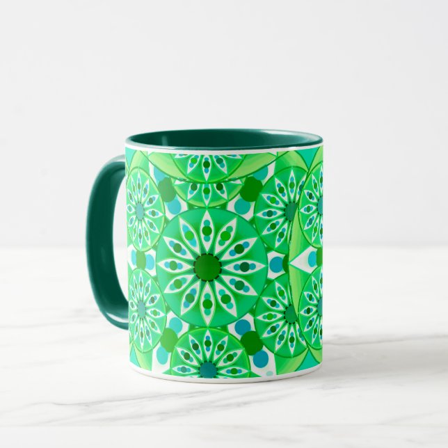 Caneca Padrão de Mandala, verde-Emerald e pavão (Frente Esquerda)