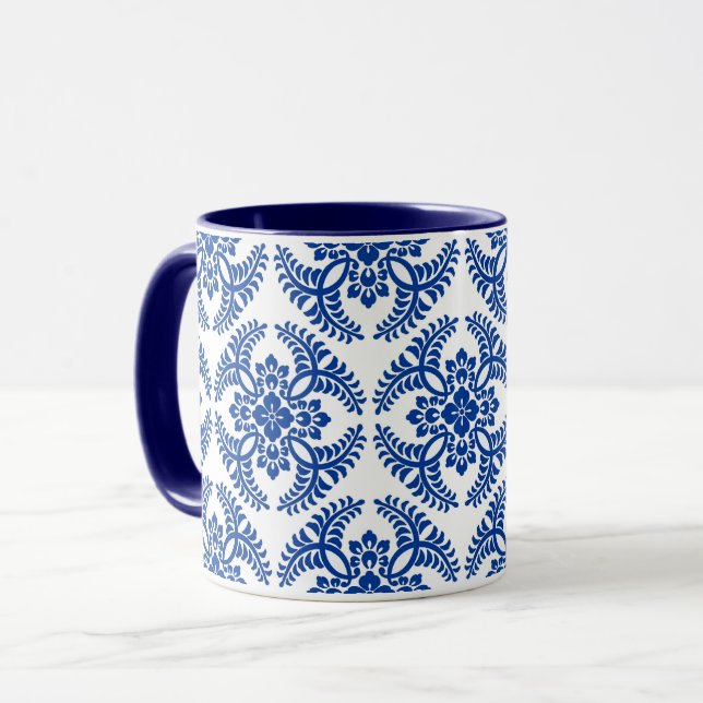 Caneca Padrão de Medalhão Japonês, Azul Cobalto e Branco (Frente Esquerda)