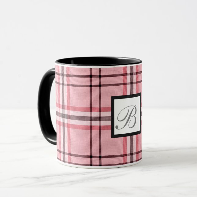 Caneca Padrão de moda xadrez rosa chique e cinza (Frente Esquerda)