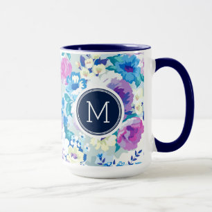 Caneca Padrão de Monograma de Flores de Verão Coloridas