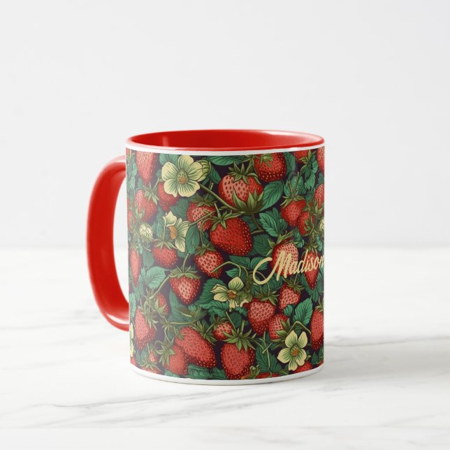 Caneca Padrão de Morango de Nome Personalizado (Frente Esquerda)