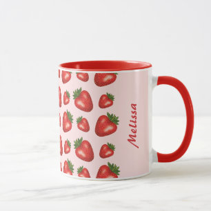 Caneca Padrão de Morango Vermelho em Rosa Com Nome Person