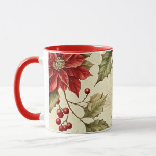 Caneca Padrão de Natal com Poinsettia e Frutas Vintage