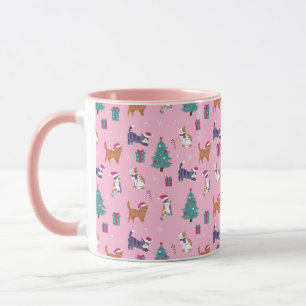 Caneca Padrão de Natal de Gatos e Árvores