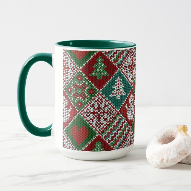 Caneca Padrão de Natal do Knit Branco Verde Vermelho (Com Donut)