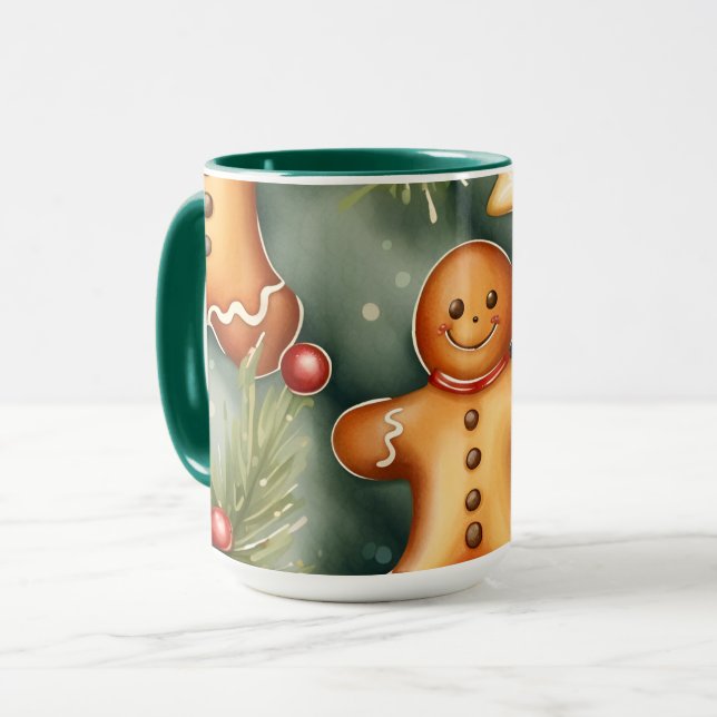 Caneca Padrão de Natal do leitor de gengibre sorridente (Frente Esquerda)