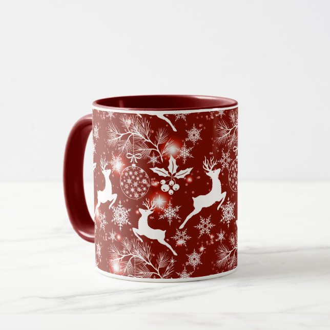 Caneca Padrão de Natal vermelho e branco com renas (Frente Esquerda)