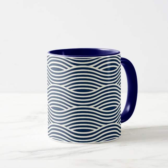 Caneca Padrão de onda azul e branco do marinho (Frente Esquerda)