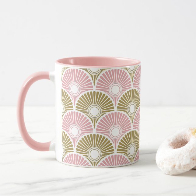 Caneca Padrão de onda em semicírculo chinês rosa e latão  (Com Donut)