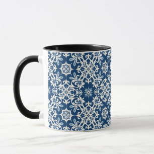 Caneca Padrão de Ornamento Boho em Branco-Azul Vintage