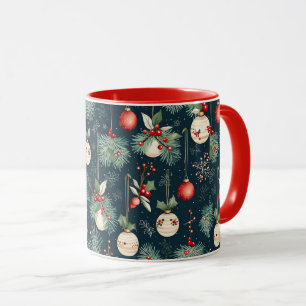 Caneca Padrão de ornamentos natalinos vintage em azul tur