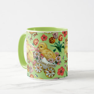 Caneca Padrão de Páscoa de Pintinhos e flores coloridas