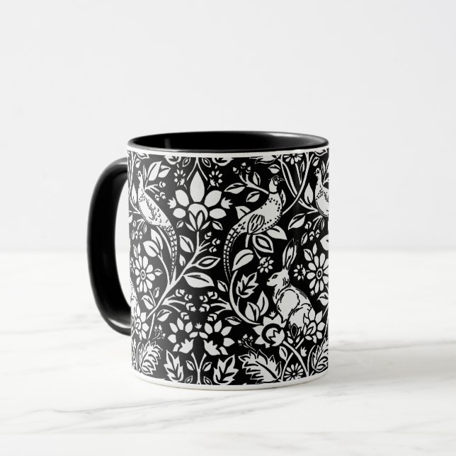 Caneca Padrão de Pheasant e Hare, Preto e Branco (Frente Esquerda)