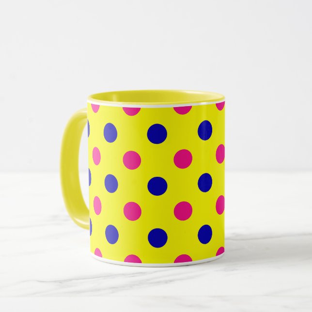 Caneca Padrão de Pontos Amarelo Rosa Azul (Frente Esquerda)