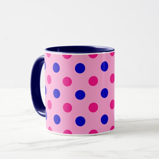 Caneca Padrão de Pontos Polka Rosa Azul (Frente Esquerda)