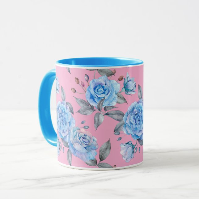 Caneca Padrão de rosa azul de Pastel, fundo rosa, (Frente Esquerda)