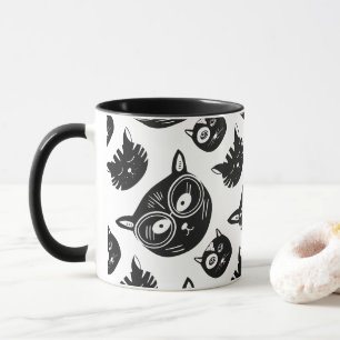 Caneca Padrão de rosto de gato preto com óculos funky