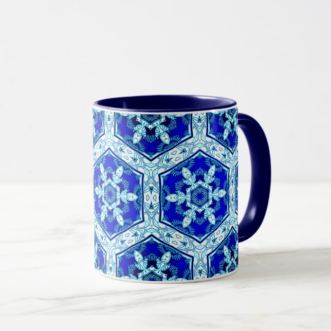 Caneca Padrão de Snowflake - Azul Cobalto e Branco (Frente Esquerda)