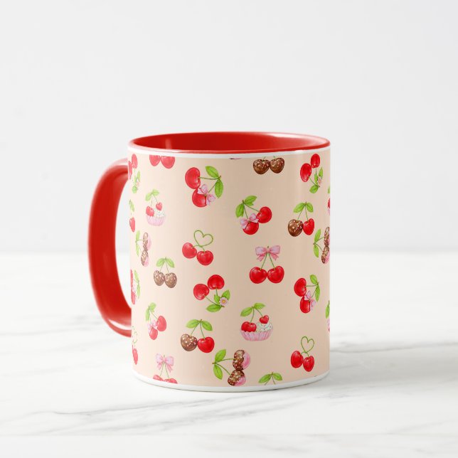 Caneca Padrão de Sobremesa de Cereja Fofa Design Estético (Frente Esquerda)
